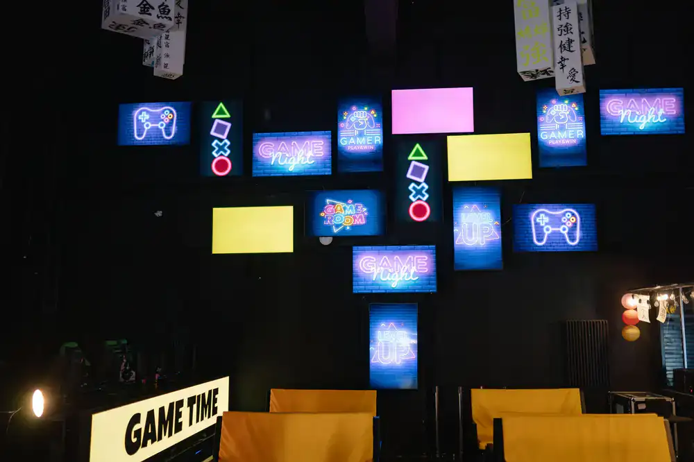 A colorful gaming setup in the Pixelforge studio